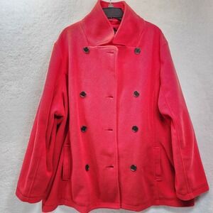 Lands End Red Fleece Peacoat Jacket Womens‎ 3X Plus Preppy Double Breasted